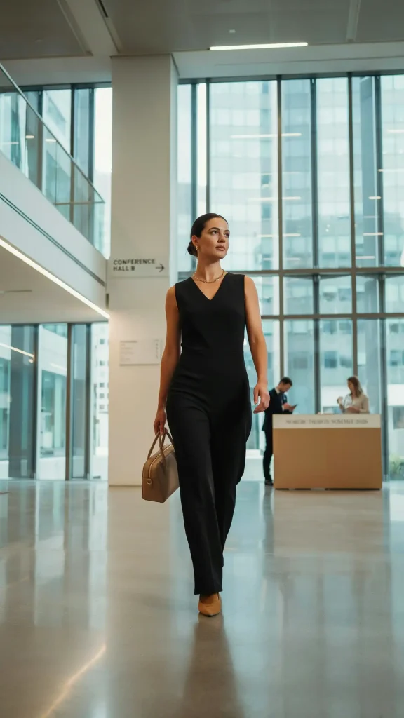 Fitted-Black-Sleeveless-Jumpsuit-With-Tan-Accessories Fitted Black Sleeveless Jumpsuit With Tan Accessories