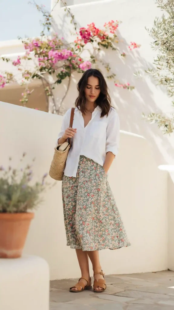 Floral-Midi-Skirt-With-A-White-Linen-Shirt Floral Midi Skirt With A White Linen Shirt
