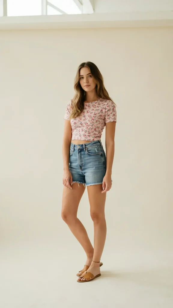 Floral-Pink-Crop-Top-with-Jean-Shorts Floral Pink Crop Top with Jean Shorts