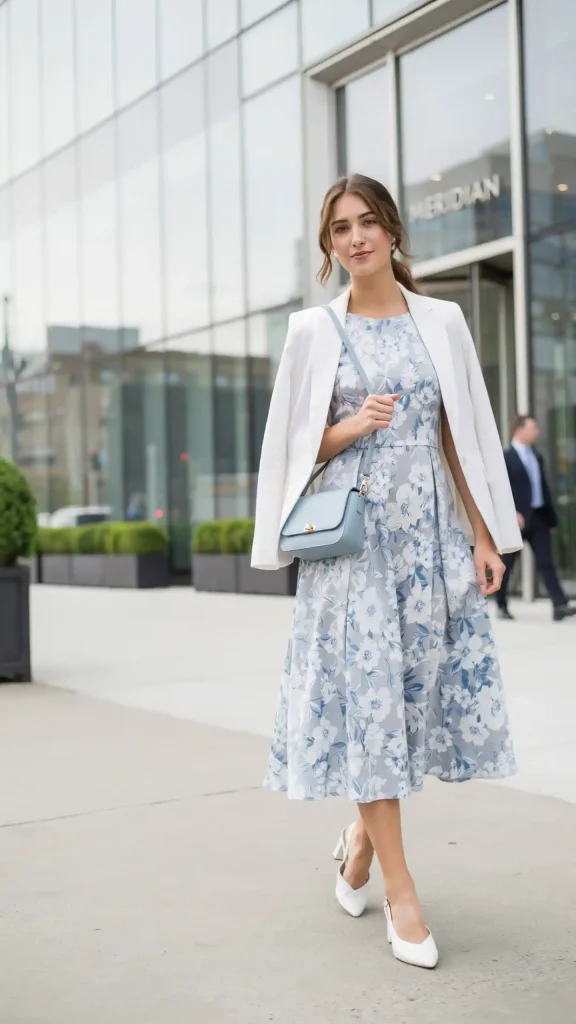 Floral-Print-Midi-Dress-With-a-White-Blazer Floral Print Midi Dress With a White Blazer