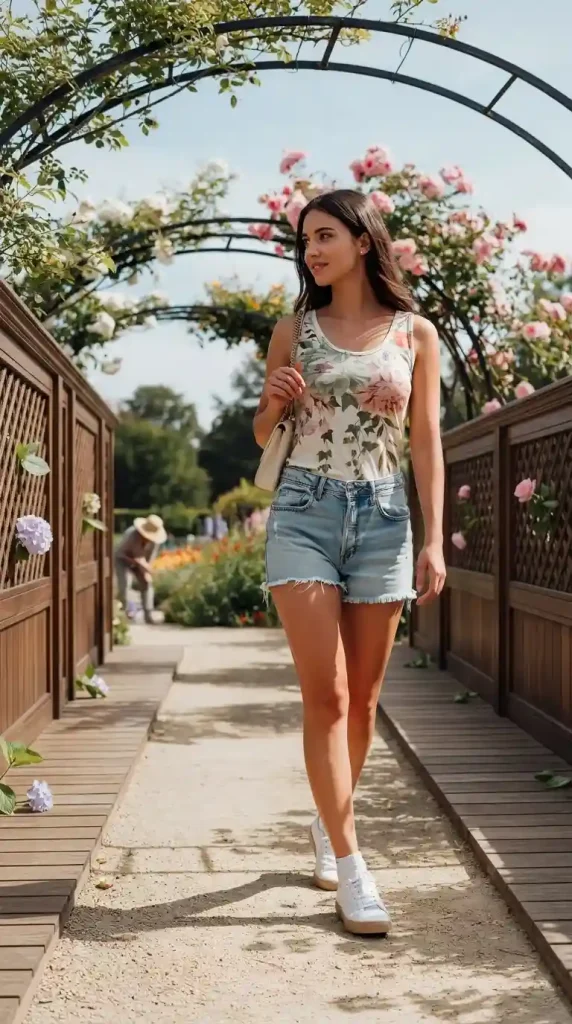 Floral-Printed-Tank-Top-with-Light-Blue-Denim-Shorts Floral Printed Tank Top with Light Blue Denim Shorts