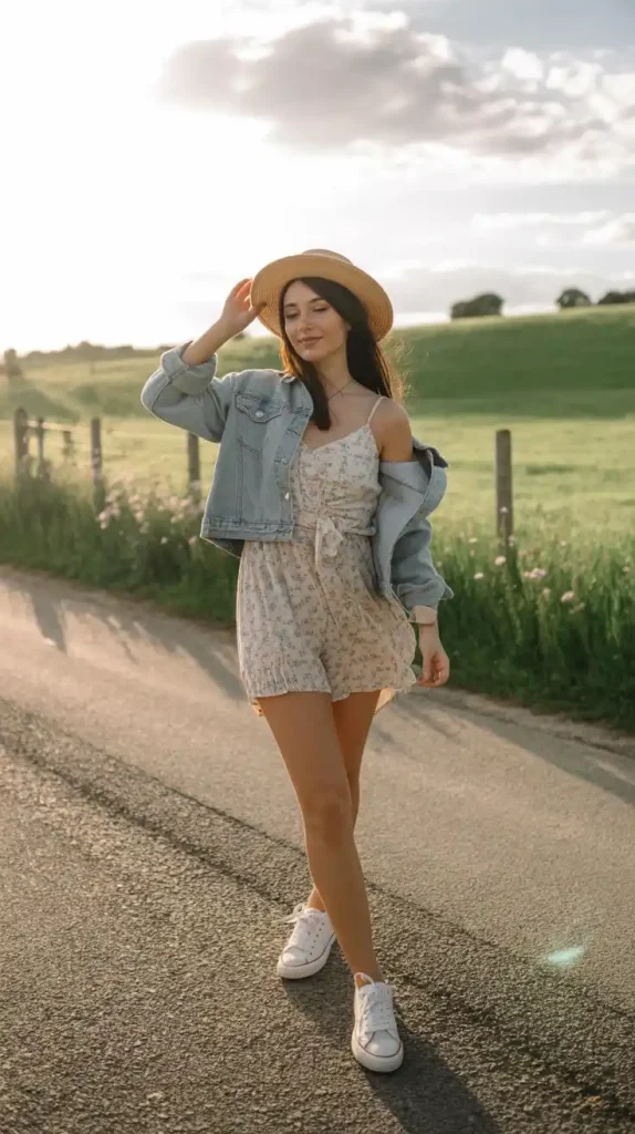 Floral-Romper-with-a-Light-Denim-Jacket Floral Romper with a Light Denim Jacket