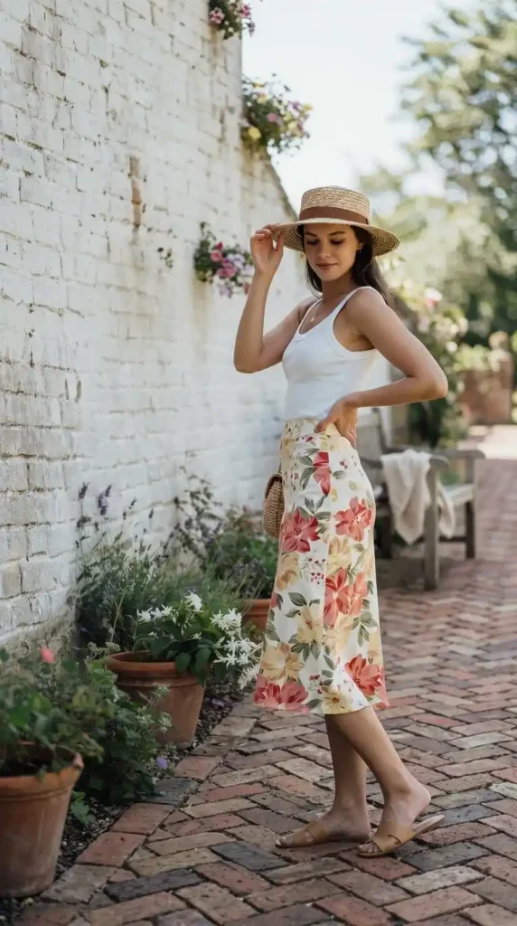 Floral-Slip-Skirt-Styled-with-a-White-Tank-Top-Straw-Hat-and-Flat-Sandals Floral Slip Skirt Styled with a White Tank Top, Straw Hat, and Flat Sandals