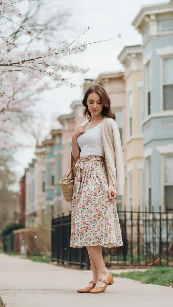 Floral-Tea-Length-Skirt-Layered-Cardigan-Over-White-Top Floral Tea-Length Skirt Layered Cardigan Over White Top