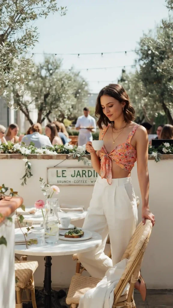 Floral-Tie-Front-Crop-Top-In-Peach-Coral-Tone-with-White-Trousers Floral Tie Front Crop Top In Peach & Coral Tone with White Trousers