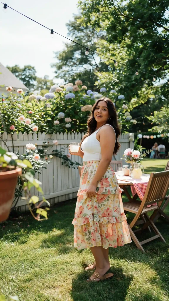 Floral-Tiered-Midi-Skirt-With-White-Fitted-Tank Floral Tiered Midi Skirt With White Fitted Tank