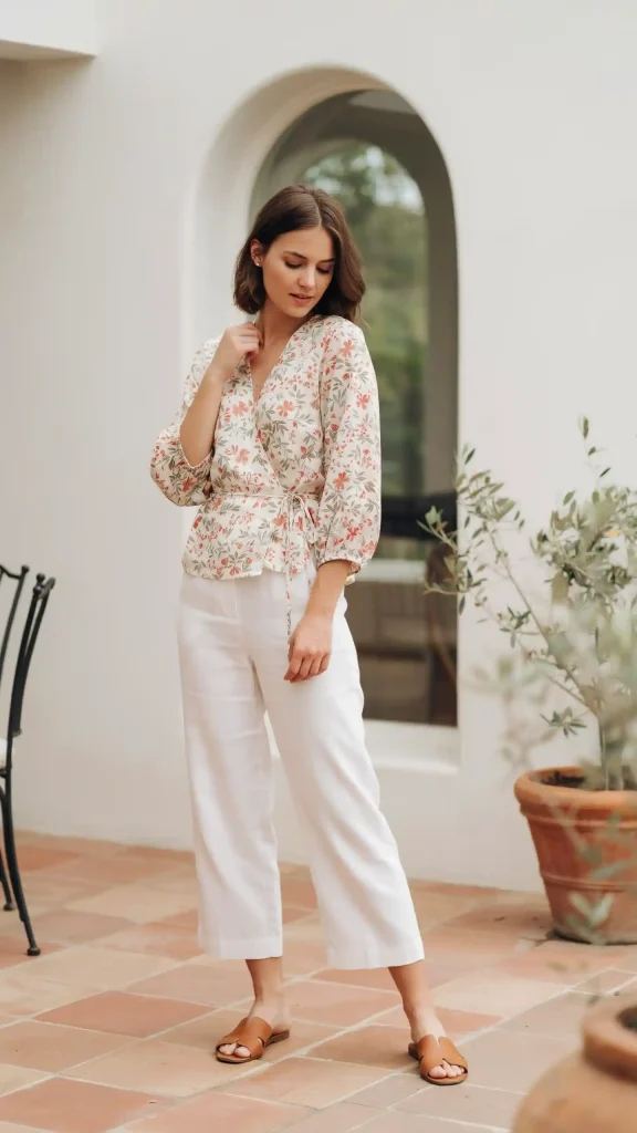 Floral-Wrap-Top-With-White-Linen-Trousers Floral Wrap Top With White Linen Trousers