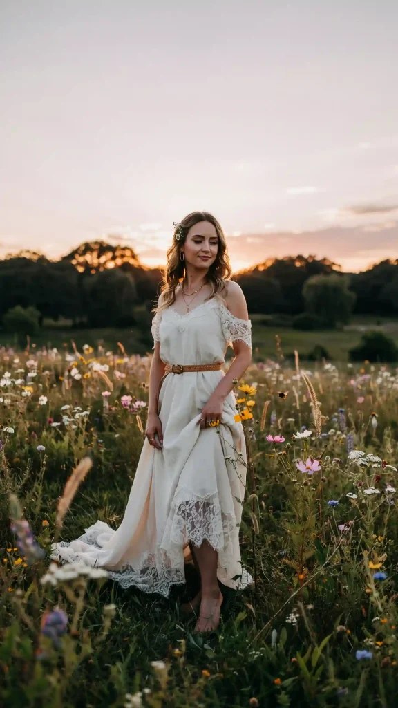 Flowing-Ivory-Linen-Boho-Dress-With-Delicate-Off-Shoulder-Neckline-Lace-Hem Flowing Ivory Linen Boho Dress With Delicate Off-Shoulder Neckline & Lace Hem