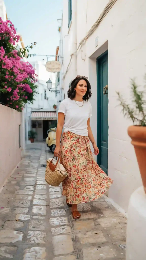 Flowing Maxi Skirt with Classic White Tee Pairing Flowing Maxi Skirt with Classic White Tee Pairing