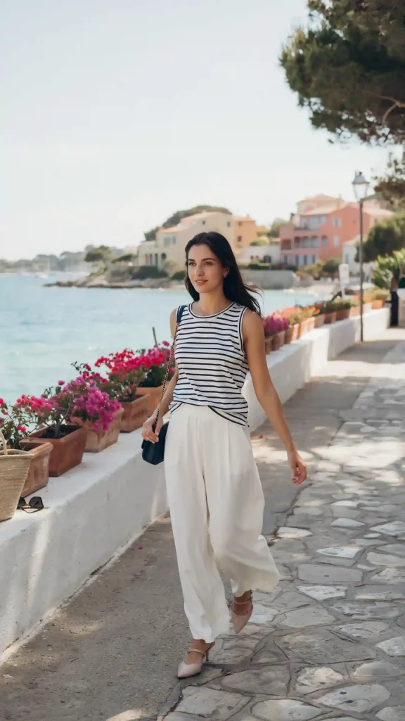 Flowy-Ivory-Palazzo-Pants-With-Navy-white-Stripe-Sleeveless-Top Flowy Ivory Palazzo Pants With Navy & white Stripe Sleeveless Top