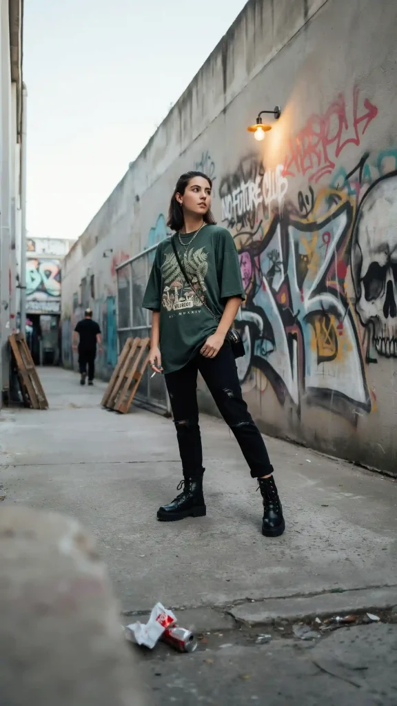 Forest-Green-Graphic-Tee-with-Black-Distressed-Jeans-and-Platform-Combat-Boots Forest Green Graphic Tee with Black Distressed Jeans and Platform Combat Boots