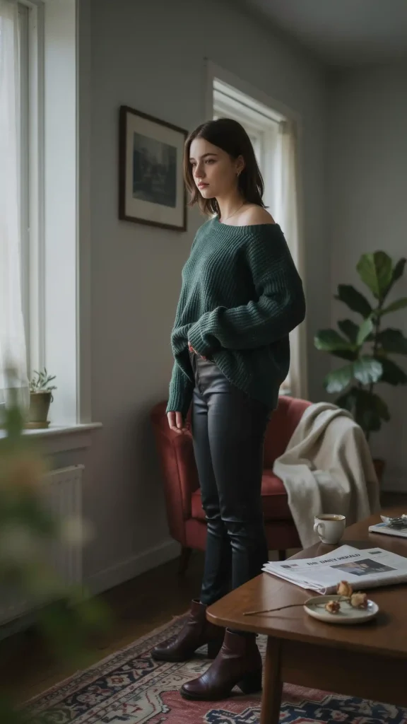 Forest Green Oversized Sweater with Black Leather Leggings and Dark Brown Ankle Boots