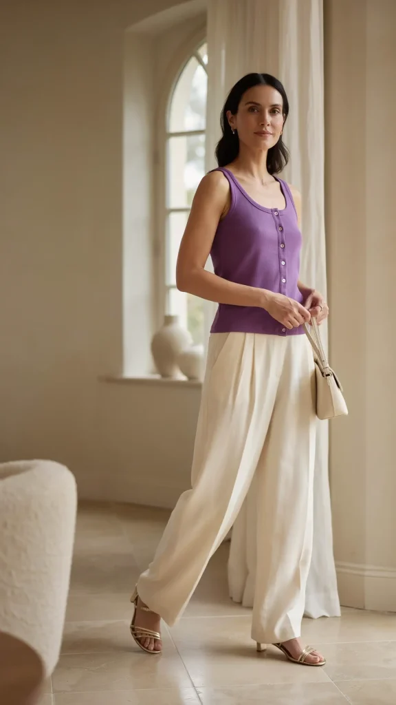 Foxglove-Button-Tank-Top-with-Cream-Wide-Leg-Linen-Trousers Foxglove Button Tank Top with Cream Wide Leg Linen Trousers