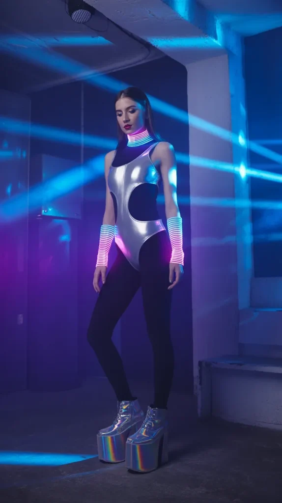 Futuristic-Black-Silver-Bodysuit-Cyber-Rave-Fit Futuristic Black & Silver Bodysuit Cyber Rave Fit