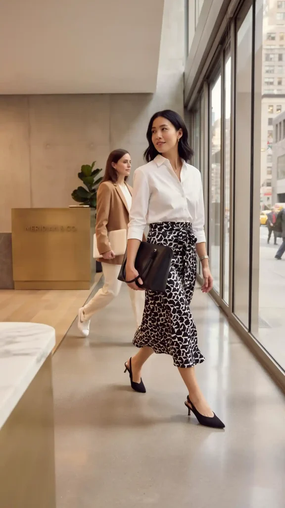 Geometric-Print-Wrap-Skirt-With-a-Tucked-In-Button-Shirt Geometric Print Wrap Skirt With a Tucked-In Button Shirt