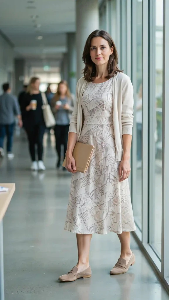 Geometric-Printed-Midi-Dress-With-Lightweight-Neutral-Cardigan Geometric Printed Midi Dress With Lightweight Neutral Cardigan