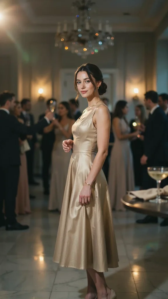Gold-Metallic-Sleeveless-Midi-Dress-With-Minimal-Style-Jewellery Gold Metallic Sleeveless Midi Dress With Minimal Style Jewellery