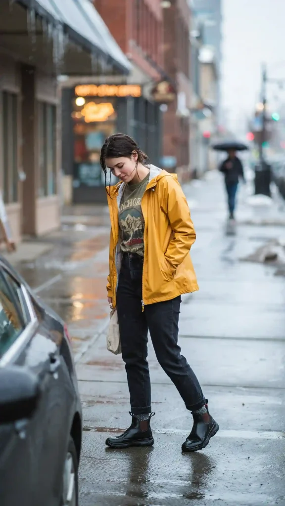 Graphic-Tee-Under-Yellow-Rain-Jacket-With-Dark-Wash-Jeans Graphic Tee Under Yellow Rain Jacket With Dark Wash Jeans