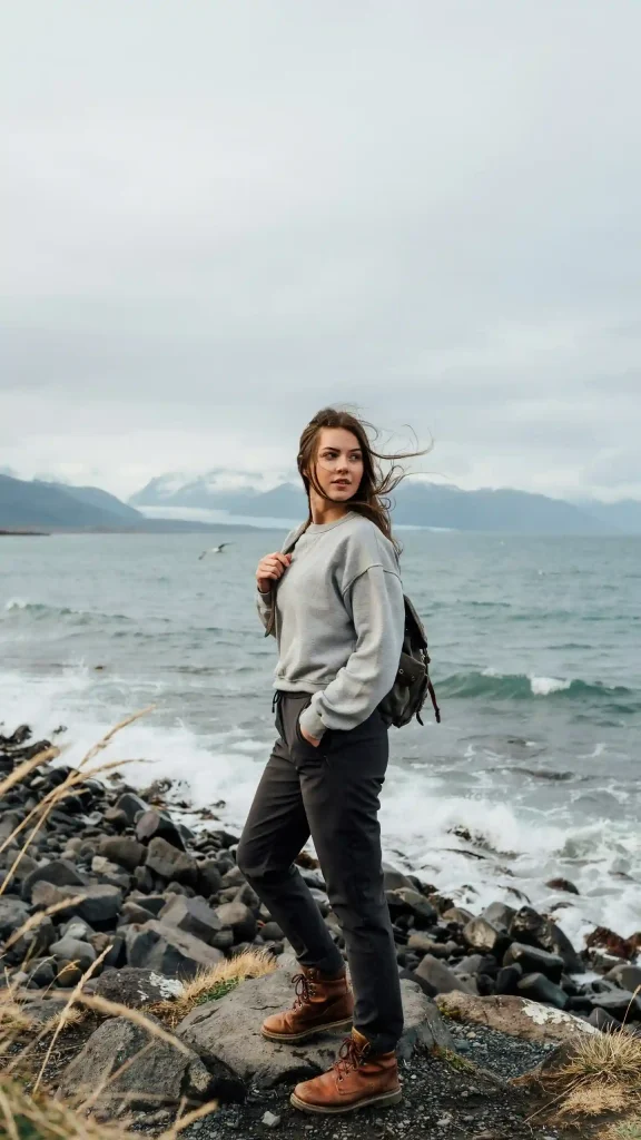 Gray-Casual-Sweatshirt-With-Dark-Windproof-Pants-Hiking-Boots Gray Casual Sweatshirt With Dark Windproof Pants & Hiking Boots