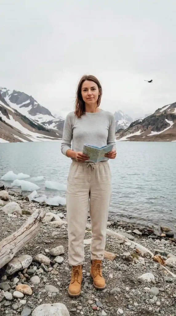 Gray-Long-Sleeve-Tee-With-Beige-Wide-Leg-Travel-Pants Gray Long Sleeve Tee With Beige Wide Leg Travel Pants