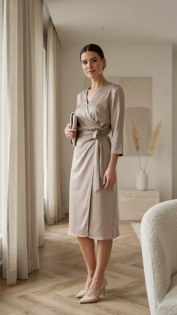 Gray-Wrap-Dress-with-Nude-Pumps-and-Soft-Makeup-Style Gray Wrap Dress with Nude Pumps and Soft Makeup Style
