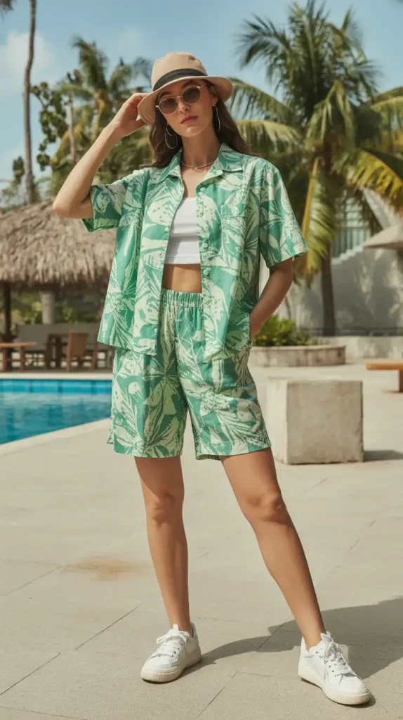 Green-Leafy-Printed-Co-ord-Shorts-Set Green Leafy Printed Co-ord Shorts Set