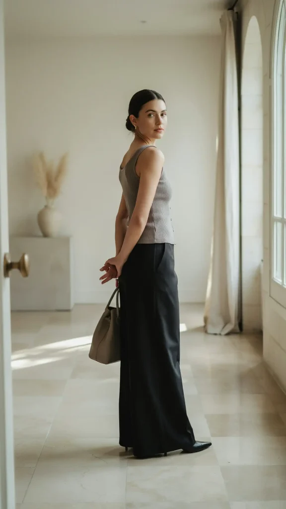 Grey-Button-Tank-Top-with-Black-Wide-Leg-Trousers-Chic Grey Button Tank Top with Black Wide Leg Trousers Chic