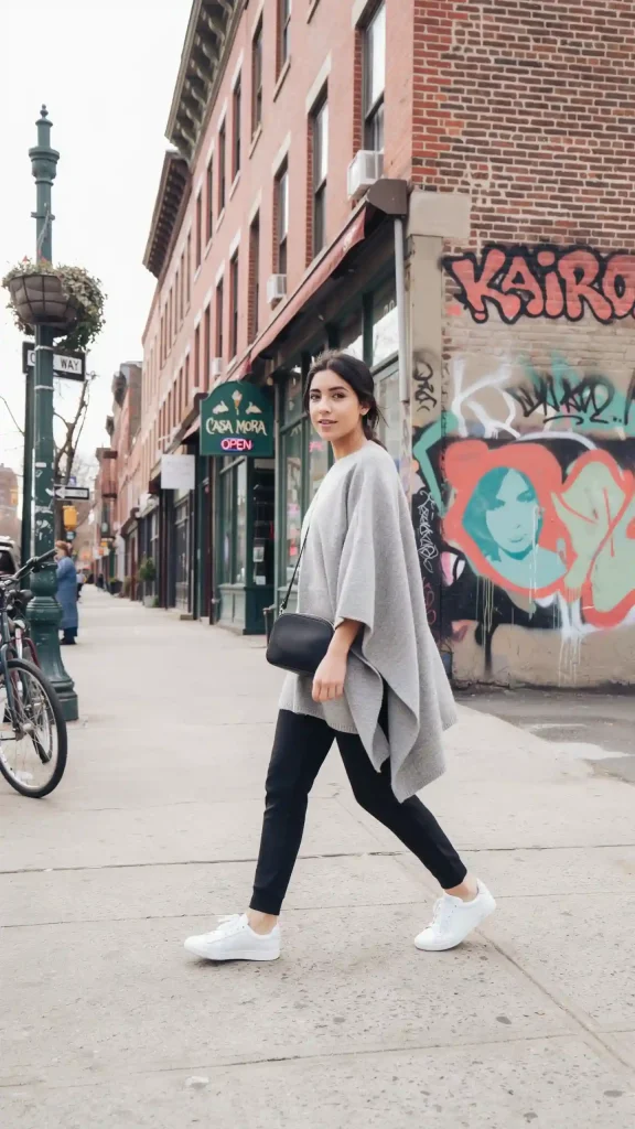 Grey-Poncho-Paired-with-Joggers-and-Sneakers-Street-Look Grey Poncho Paired with Joggers and Sneakers Street Look