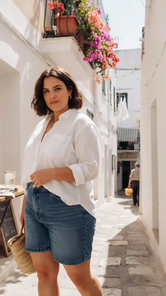 High-Waisted-Denim-Shorts-and-a-White-Linen-Shirt High-Waisted Denim Shorts and a White Linen Shirt