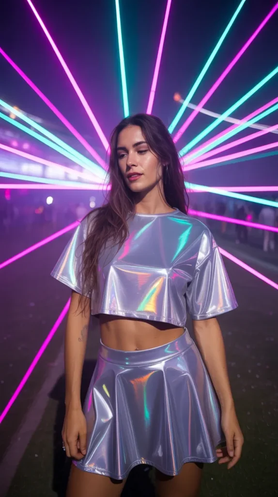 Holographic-Matching-Silver-Crop-Top-and-Mini-Skirt Holographic Matching Silver Crop Top and Mini Skirt
