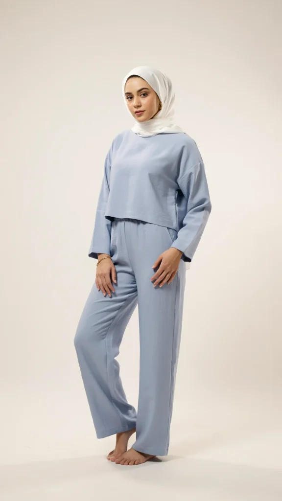 Ice-Blue-Linen-Co-Ord-Set-With-Minimal-Hijab-Fashion Ice Blue Linen Co-Ord Set With Minimal Hijab Fashion