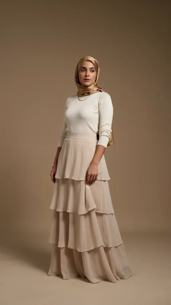 Ivory-Beige-Layered-Skirt-Outfit-With-Classy-Hijab-Styling Ivory Beige Layered Skirt Outfit With Classy Hijab Styling