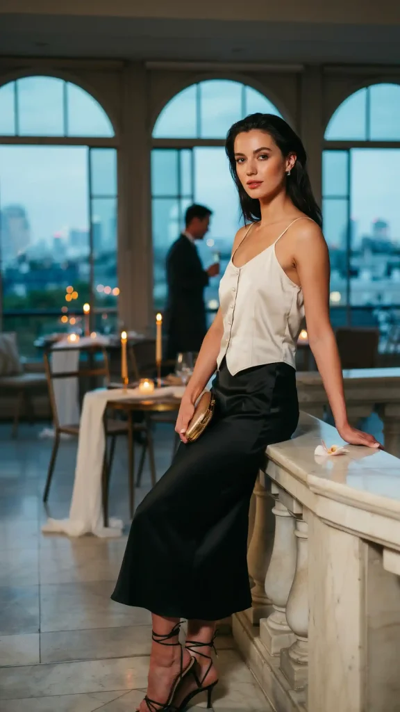 Ivory-Button-Tank-Top-with-Black-Satin-Slip-Midi-Skirt Ivory Button Tank Top with Black Satin Slip Midi Skirt
