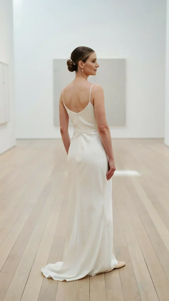 Ivory-Crepe-Slip-Minimal-Dress-With-Subtle-Beaded-Waist-Line Ivory Crepe Slip Minimal Dress With Subtle Beaded Waist Line