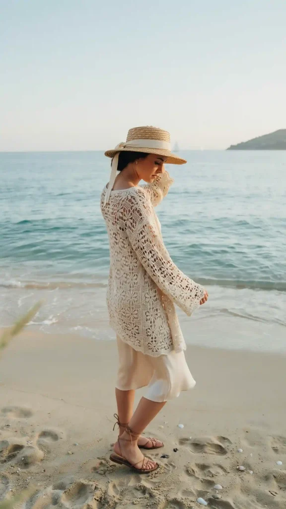 Ivory-Crochet-Beach-Cover-Up-Layered-Over-Slip-Dress Ivory Crochet Beach Cover Up Layered Over Slip Dress
