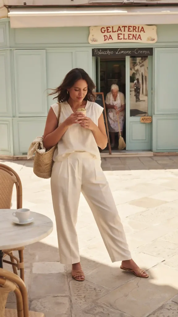 Ivory-High-Waist-Linen-Trousers-With-Sleeveless-Blouse Ivory High-Waist Linen Trousers With Sleeveless Blouse