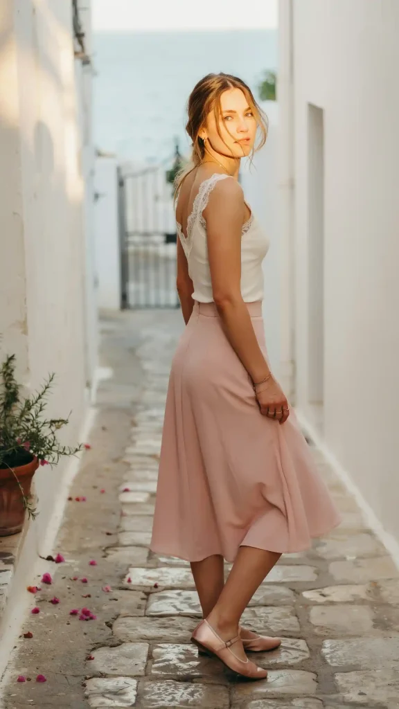 Ivory-Lace-Trim-Tank-Top-with-Soft-Pink-Midi-Skirt Ivory Lace Trim Tank Top with Soft Pink Midi Skirt