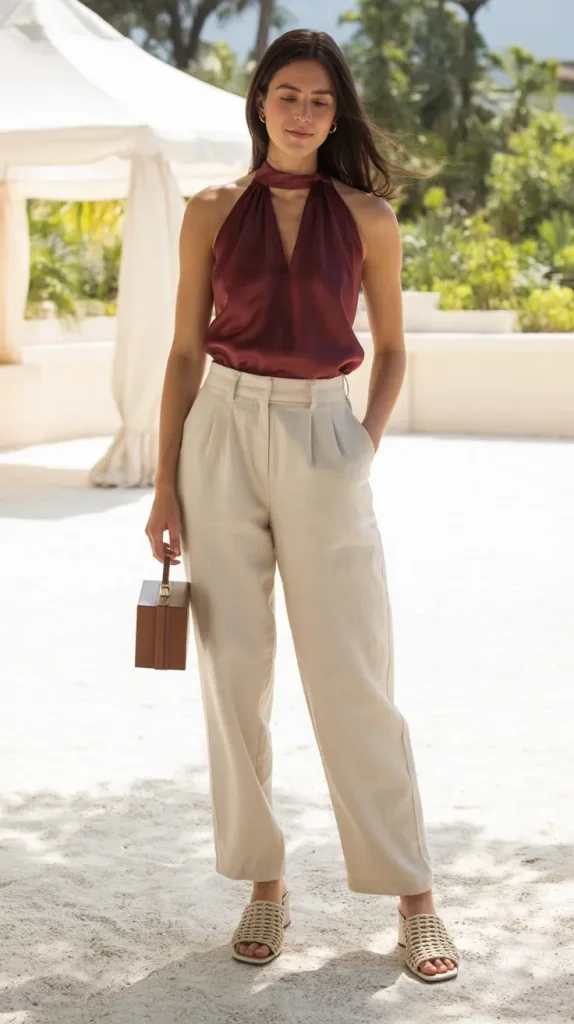 Ivory-Linen-Pants-A-Deep-Burgundy-Halter-Top Ivory Linen Pants & A Deep Burgundy Halter Top