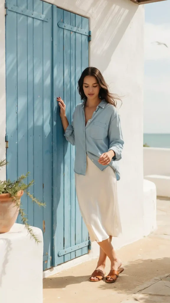 Ivory-Slip-Skirt-Styled-with-a-Light-Blue-Chambray-Shirt-and-Brown-Slide-Sandals Ivory Slip Skirt Styled with a Light Blue Chambray Shirt and Brown Slide Sandals