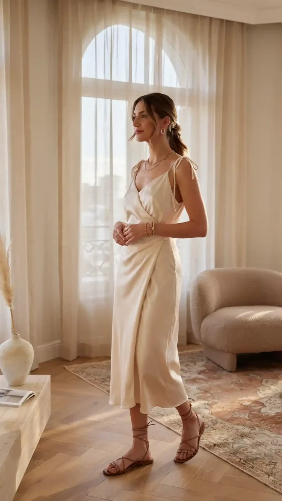 Ivory-Wrap-Dress-with-Braided-Hair-and-Nude-Strappy-Sandals Ivory Wrap Dress with Braided Hair and Nude Strappy Sandals