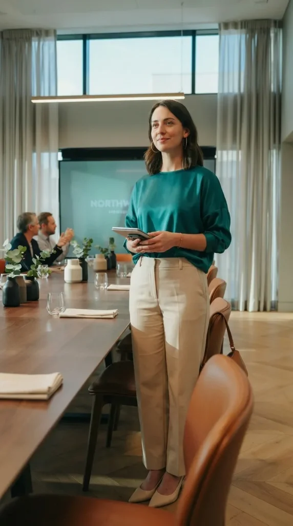Jewel-Tone-Teal-Satin-Blouse-With-Beige-Wide-Leg-Trousers Jewel Tone Teal Satin Blouse With Beige Wide Leg Trousers