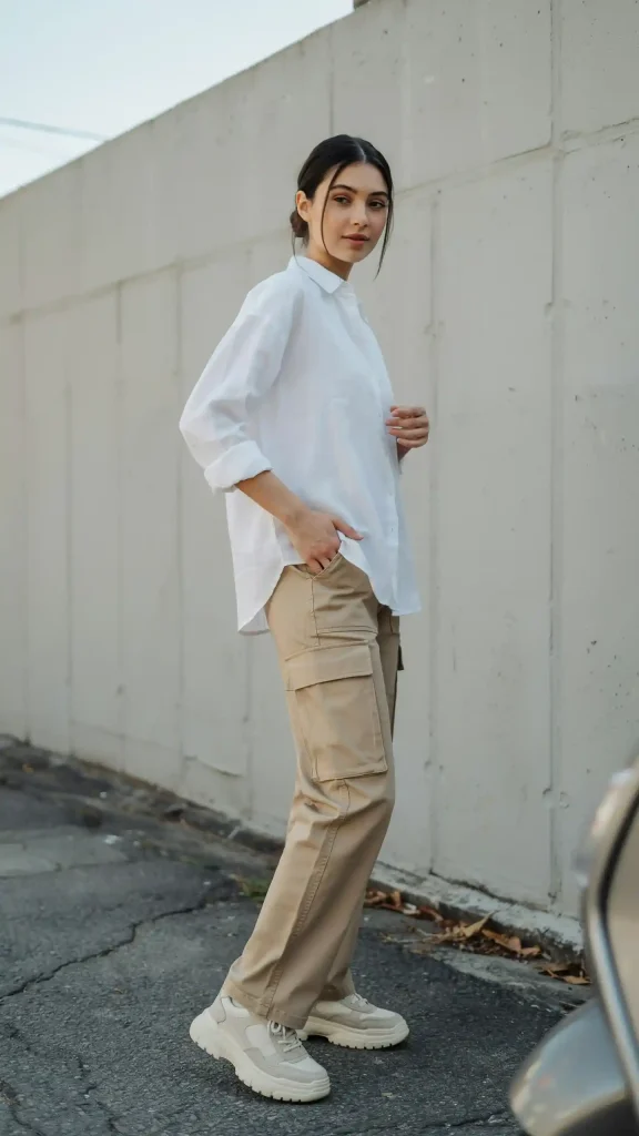 Khaki-Cargo-Pants-With-Oversized-White-Linen-Shirt Khaki Cargo Pants With Oversized White Linen Shirt