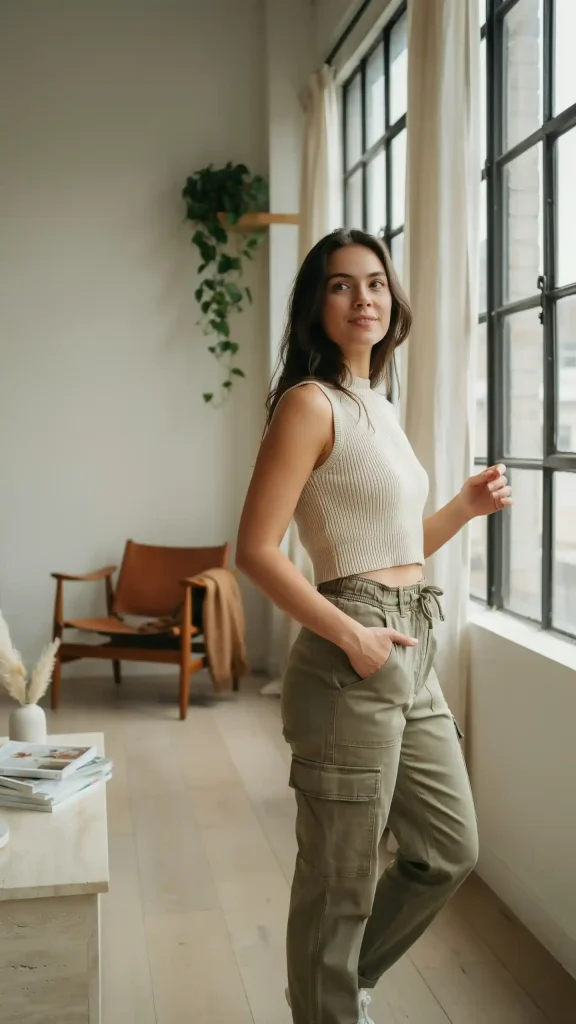 Khaki-Cargo-Pants-With-Sleeveless-Knit-Crop-Top-Style Khaki Cargo Pants With Sleeveless Knit Crop Top Style