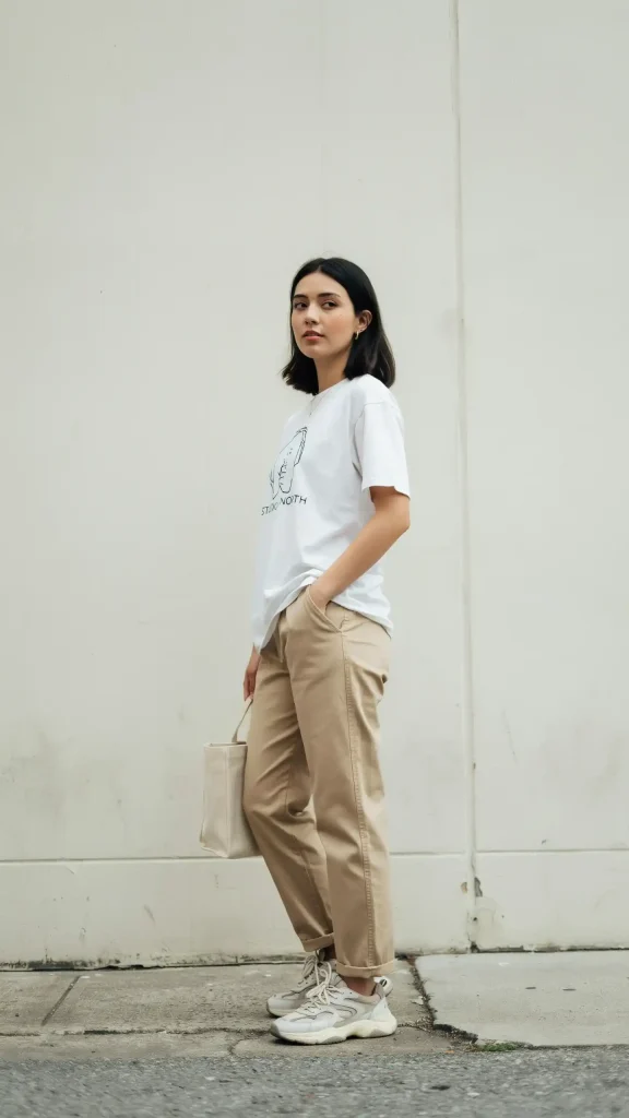 Khaki-Wide-Leg-Trousers-With-Graphic-Tee Khaki Wide-Leg Trousers With Graphic Tee