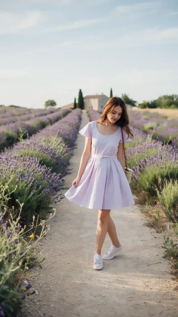 Lavender Babydoll Dress with Soft Minimal Sneakers