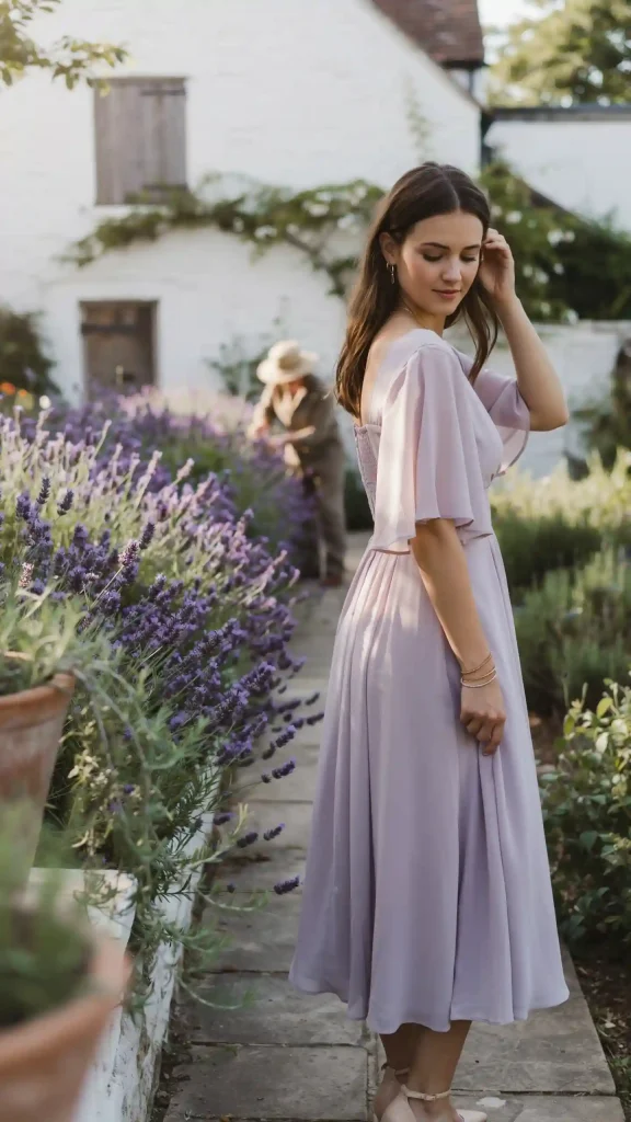 Lavender-Midi-Dress-With-Layered-Flutter-Sleeves-Neutral-Heels Lavender Midi Dress With Layered Flutter Sleeves & Neutral Heels