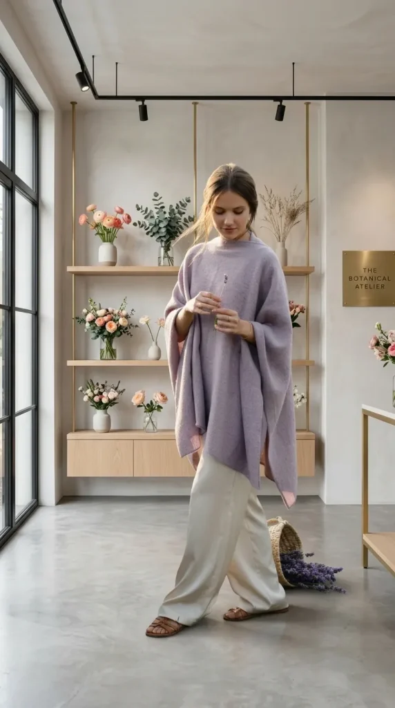 Lavender-Poncho-Styled-with-Palazzo-Pants-and-Summer-Sandals Lavender Poncho Styled with Palazzo Pants and Summer Sandals