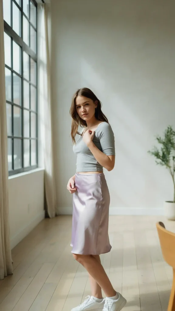 Lavender-Slip-Skirt-Paired-with-a-Gray-Cropped-Tee-and-White-Sneakers Lavender Slip Skirt Paired with a Gray Cropped Tee and White Sneakers