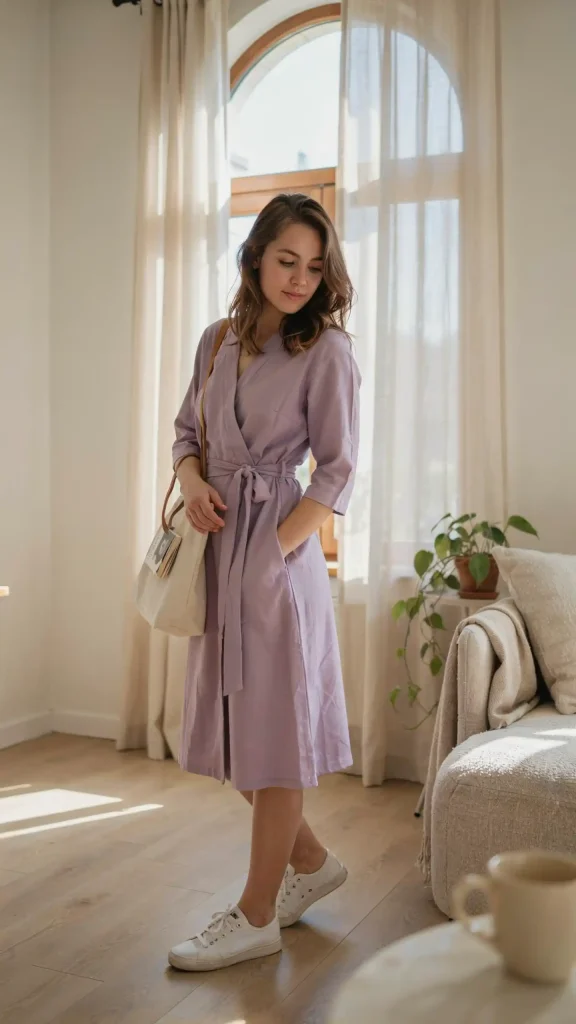Lavender-Wrap-Dress-with-White-Sneakers-Casual-Date-Outfit Lavender Wrap Dress with White Sneakers Casual Date Outfit