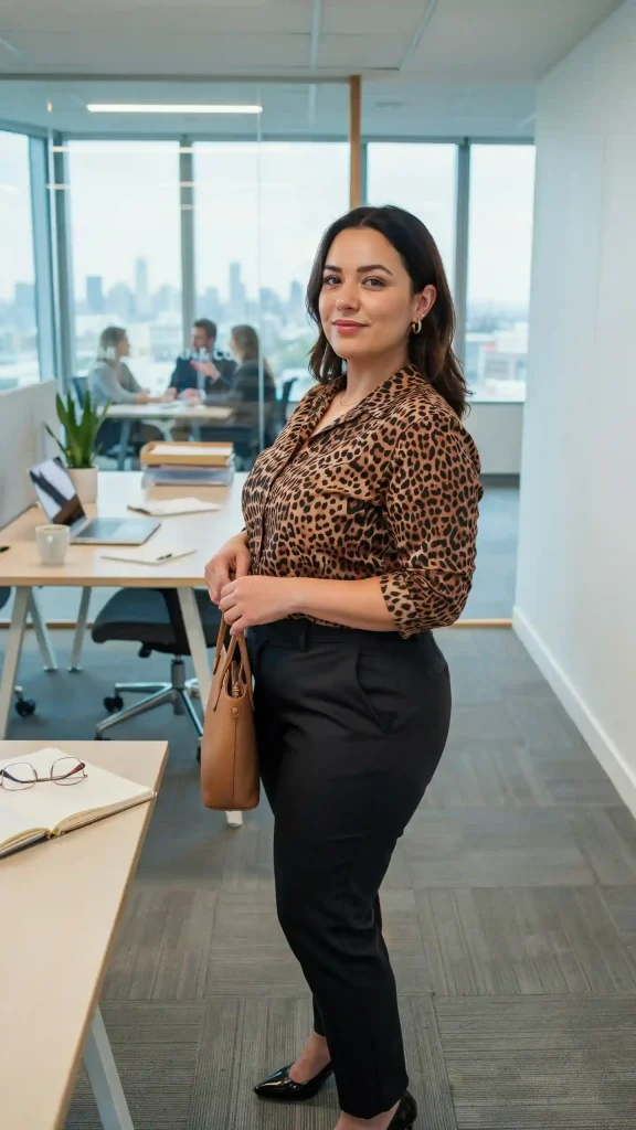 Leopard-Print-Blouse-with-Black-Tailored-Pants Leopard Print Blouse with Black Tailored Pants